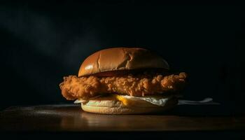 grillé gourmet cheeseburger sur une en bois assiette avec français frites généré par ai photo