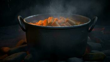 gourmet Ragoût cuit plus de une embrasé feu de camp dans jeter le fer généré par ai photo