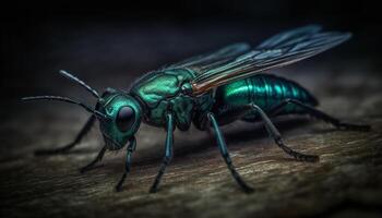 effrayant mouche domestique avec poilu jambes et vert yeux dans macro grossissement généré par ai photo