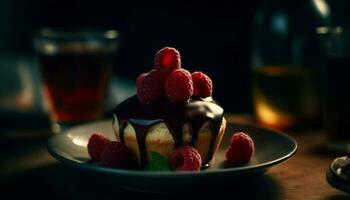 une gourmet dessert assiette avec framboise, fraise, myrtille, et Chocolat généré par ai photo