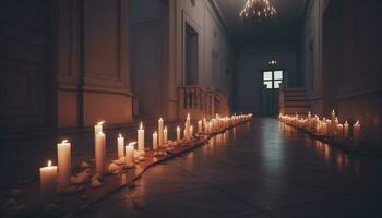 bougies brûlant dans une rangée éclairer le tranquille chapelle généré par ai photo