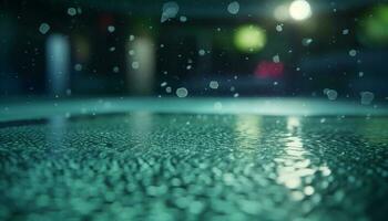 abstrait bleu toile de fond avec défocalisé goutte de pluie modèle sur humide sol généré par ai photo
