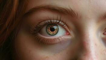 caucasien femme proche en haut portrait, regarder avec bleu yeux et souriant généré par ai photo