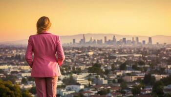 femme d'affaires permanent sur toit, en train de regarder ville la vie à le coucher du soleil généré par ai photo