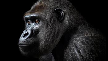 en danger primate, gorille, regarde avec force dans noir monochrome portrait généré par ai photo