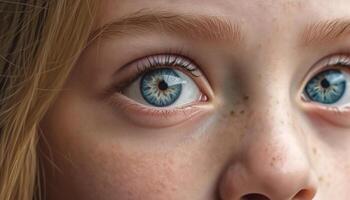 mignonne enfant avec bleu yeux regarder à caméra avec innocence généré par ai photo