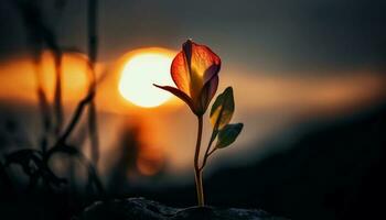 vibrant le coucher du soleil silhouettes arbre bifurquer, rose fleur dans premier plan généré par ai photo
