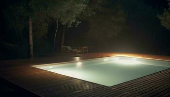 moderne luxe nager bassin conception illuminé par le coucher du soleil réflexion généré par ai photo