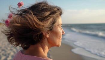 un femme profiter le beauté de la nature sur une serein littoral généré par ai photo