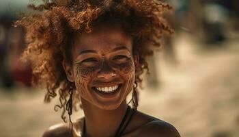 souriant Jeune africain américain femme profiter été en plein air, à la recherche à caméra généré par ai photo