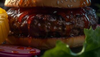 grillé du boeuf Burger avec fromage, tomate, et fait maison sauce généré par ai photo