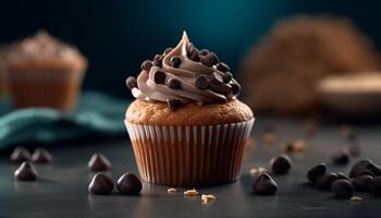 mignonne fait maison Chocolat puce muffin sur rustique bois assiette généré par ai photo