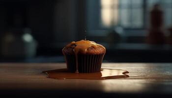 indulgent Chocolat puce muffin avec crémeux glaçage sur rustique assiette généré par ai photo