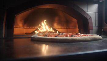 fraîchement cuit Pizza sur en bois table de bois brûlant four généré par ai photo