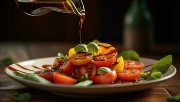 en bonne santé gourmet végétarien salade avec Frais biologique tomate et mozzarella généré par ai photo