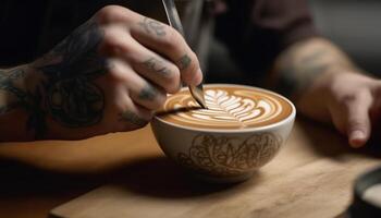 caucasien barista en portant mousseux cappuccino dans moderne café magasin généré par ai photo