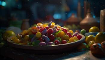 frais, coloré fruit bol une doux, en bonne santé indulgence en plein air généré par ai photo