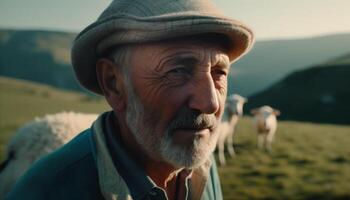 souriant Sénior propriétaire de ranch à la recherche à caméra dans rural Montagne paysage généré par ai photo