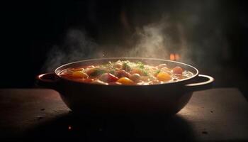 Frais légume ragoût, une en bonne santé le déjeuner sur une rustique table généré par ai photo