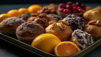 indulgent fait maison gourmet muffins avec Frais baie et agrumes variations généré par ai photo