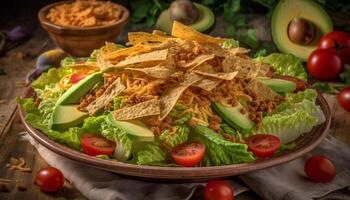 fraîchement grillé du boeuf taco avec guacamole, coriandre, et croquant tortilla puce généré par ai photo