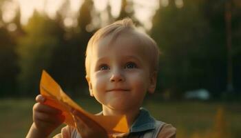 mignonne caucasien bambin en jouant en plein air, en portant jouet, souriant à caméra généré par ai photo