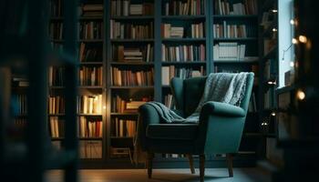intérieur bibliothèque avec moderne étagère à livres, confortable fauteuil pour en train de lire généré par ai photo