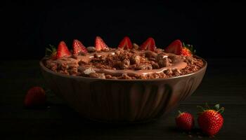 Frais baie dessert sur rustique bois table avec Chocolat mousse généré par ai photo