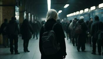 bondé métro gare, navetteurs attendre pour train pendant se ruer heure généré par ai photo