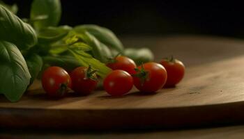 mûr tomate salade sur en bois planche, une en bonne santé gourmet repas généré par ai photo