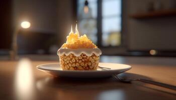 gourmet dessert sur en bois table avec chocolat, bougie et fraîcheur généré par ai photo