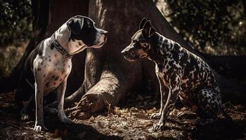 deux espiègle de race chiens profiter le en plein air dans le forêt généré par ai photo