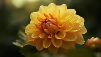 vibrant pétales de une Jaune dahlia dans une formel jardin généré par ai photo