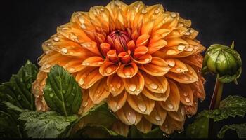 vibrant dahlia fleur dans humide jardin, orné avec rosée gouttes généré par ai photo