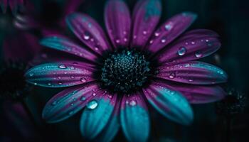 vibrant camomille fleur reflète dans goutte de rosée sur humide herbe généré par ai photo