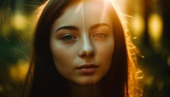 Jeune adulte femme en plein air, portrait de beauté dans la nature généré par ai photo