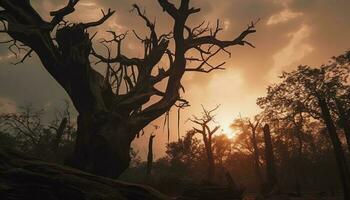 silhouette de arbre branche retour allumé par le coucher du soleil dans l'automne généré par ai photo