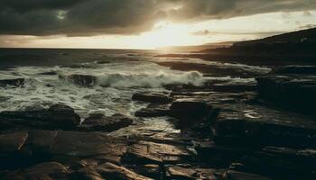 tranquille des eaux bord, spectaculaire ciel, rupture vague, idyllique littoral beauté généré par ai photo