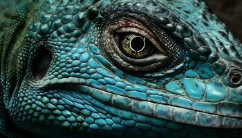 effrayant reptile portrait une proche en haut de une vert iguane œil généré par ai photo