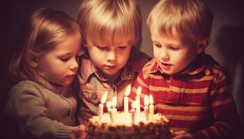 mignonne garçons et les filles célébrer anniversaire avec bougie flamme et gâteau généré par ai photo