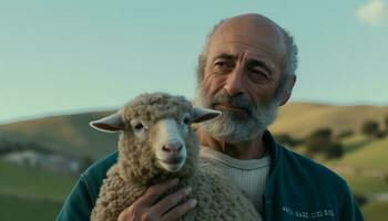 souriant agriculteur avec barbe et laineux animal dans rural paysage généré par ai photo