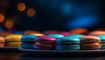 multi coloré macaron empiler, une français indulgence sur une fait maison assiette généré par ai photo