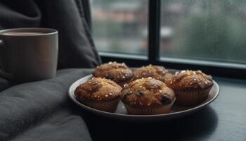 fraîchement cuit muffin et Chocolat petit gâteau sur en bois table à l'intérieur généré par ai photo