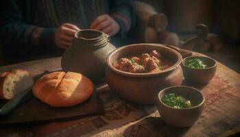 fait maison repas cuit dans faïence bol sur rustique en bois table généré par ai photo