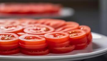 Frais biologique tomate tranche, une en bonne santé végétarien apéritif sur assiette généré par ai photo