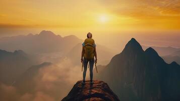 Succès femme promeneur randonnée sur lever du soleil Montagne culminer. génératif ai photo