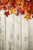 magnifique feuillage, l'automne humeur, le feuillage mensonges sur une blanc en bois tableau. ai génératif photo