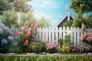 une jardin toile de fond avec blanc clôture. ai génératif photo