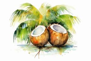 excentrique noix de coco dans paume des arbres dans le style de aquarelle peinture, sur une blanc Contexte. ai génératif photo
