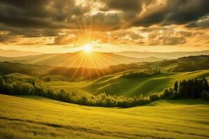 le Soleil monte plus de une flanc de coteau avec herbeux des champs et un zone avec une colline. ai génératif photo